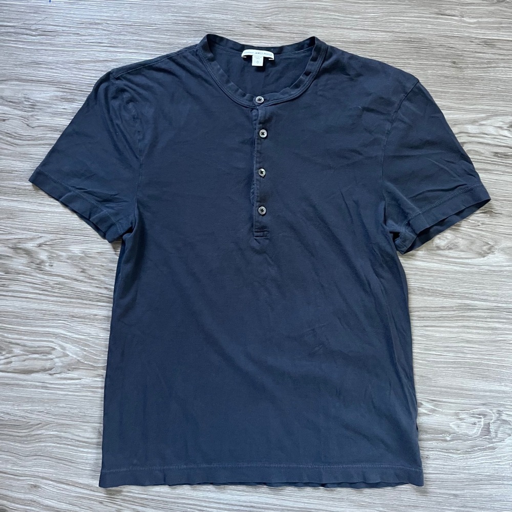 James Perse Mens Navy Blue Short Sleeve Cotton Henley Shirt Size 0 Made in USA